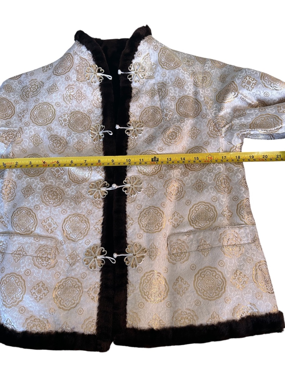 Gorgeous Asian Brocade Jacket Faux Fur Trim Mandarin Collar Size Small - Picture 13 of 14